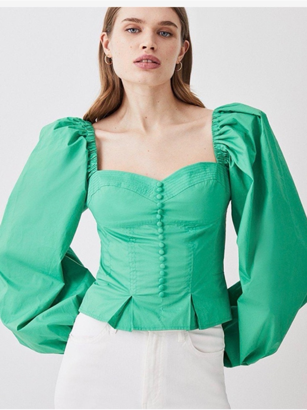 Karen Millen Cotton Top Stitch Puff Sleeve Top Kelly Green Size 4
